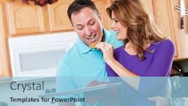  Presentation with baking cookies - PPT theme consisting of beautiful woman baking cookies with her husband in the kitchen background and a light blue colored foreground