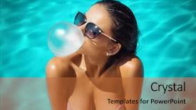  Presentation with swimming pool - Slides with beautiful woman blowing bubble background and a red colored foreground