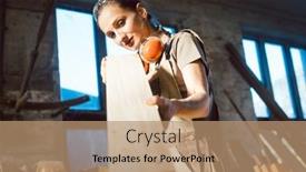  Presentation with carpenter - Slides with beautiful-woman-carpenter-checking-quality background and a coral colored foreground