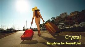  Presentation with yacht - Presentation theme featuring beautiful woman carrying suitcase while walking down the yacht club background and a tawny brown colored foreground