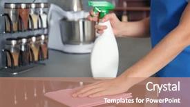  Presentation with pregnant woman cleaning - Presentation design with beautiful woman cleaning electric stove background and a coral colored foreground