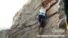  Presentation with climbing mountains - Beautiful presentation theme featuring beautiful woman climbing on the high rock in the mountains adventure and extreme sport concept backdrop and a gray colored foreground