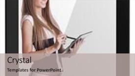  Presentation with communicate - PPT layouts consisting of beautiful woman communicate with tablet computer isolate on white background and a light gray colored foreground