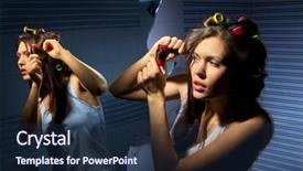  Presentation with curling - Slide deck having beautiful woman curling her hair with roller and looking in mirror background and a navy blue colored foreground
