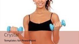  Presentation with exercises - Presentation design featuring beautiful woman do toning exercises with dumbbells isolated on a white background background and a red colored foreground