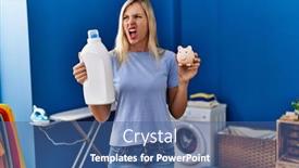  Presentation with laundry detergent - PPT theme with beautiful-woman-doing-laundry-holding background and a ocean colored foreground