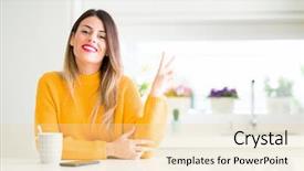  Presentation with coffee cup - Audience pleasing theme consisting of beautiful woman drinking a cup backdrop and a blonde colored foreground