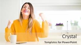  Presentation with winner cup - Slide deck with young beautiful woman drinking background and a yellow colored foreground