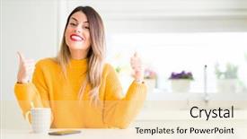  Presentation with winner cup - Slide set featuring young beautiful woman drinking a cup of coffee at home success sign doing positive gesture with hand thumbs up smiling and happy looking at the camera with cheerful expression winner gesture background and a blonde colored foreground