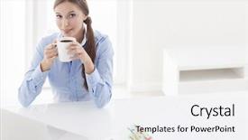  Presentation with desk - Colorful slides enhanced with beautiful-woman-drinking-coffee backdrop and a white colored foreground