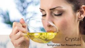  Presentation with herbal - PPT theme with beautiful woman drinking herbal tea with eyes closed background and a coral colored foreground