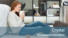  Presentation with afternoon tea - Presentation theme consisting of beautiful woman drinking hot tea background and a ocean colored foreground