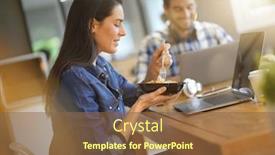  Presentation with lunch - Beautiful PPT theme featuring beautiful woman eating lunch whilst working in co working space backdrop and a tawny brown colored foreground