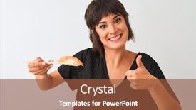  Presentation with chopsticks - Cool new PPT theme with beautiful woman eating salmon nigiri sushi using chopsticks over isolated white background happy with big smile doing ok sign thumb up with fingers excellent sign backdrop and a tawny brown colored foreground