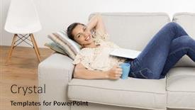  Presentation with cup coffee - Slides having beautiful-woman-enjoying-her-day background and a  colored foreground