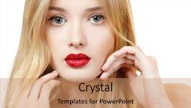  Presentation with lipstick - Colorful slides enhanced with beautiful woman face closeup with long blond hair and vivid red lipstick isolated on white backdrop and a coral colored foreground