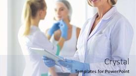  Presentation with syringe - PPT layouts with beautiful-woman-face-near-doctor background and a light blue colored foreground