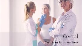  Presentation with syringe - Colorful slide deck enhanced with beautiful-woman-face-near-doctor backdrop and a light gray colored foreground