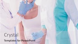  Presentation with syringe - PPT theme with beautiful-woman-face-near-doctor background and a sky blue colored foreground