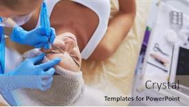  Presentation with syringe - PPT theme consisting of beautiful-woman-face-near-doctor background and a coral colored foreground