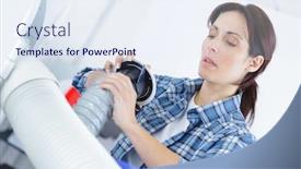  Presentation with parts - Presentation with beautiful-woman-fixing-ventilation-parts background and a sky blue colored foreground