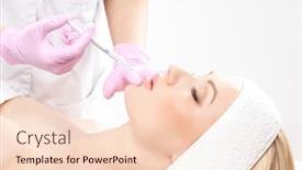  Presentation with injection - PPT theme consisting of beautiful woman gets an injection in her face isolated on white background and a lemonade colored foreground