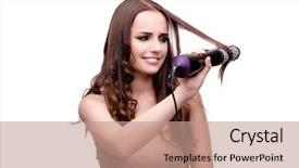  Presentation with done - Amazing presentation design having beautiful woman getting her hair done with hair dryer isolated o backdrop and a coral colored foreground