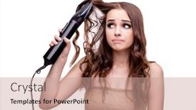  Presentation with done - Presentation having beautiful woman getting her hair done with hair dryer isolated o background and a coral colored foreground