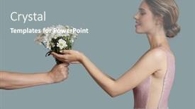  Presentation with give - Presentation design featuring beautiful woman give chamomile flowers background and a gray colored foreground