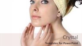  Presentation with hair spa - PPT layouts enhanced with beautiful woman hair wrapped in towel both hands applying cream to neck as part of spa and healthcare setting background and a soft green colored foreground
