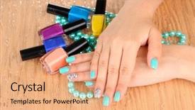  Presentation with manicure - Cool new presentation theme with beautiful woman hands with blue manicure holding beads and bottles with nail polish on color background backdrop and a coral colored foreground