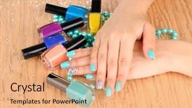  Presentation with manicure - Theme enhanced with beautiful woman hands with blue manicure holding beads and bottles with nail polish on color background background and a coral colored foreground