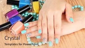  Presentation with manicure - Beautiful PPT theme featuring beautiful woman hands with blue manicure holding beads and bottles with nail polish on color background backdrop and a coral colored foreground
