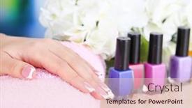  Presentation with manicure - Presentation theme enhanced with beautiful woman hands with french manicure and flower on table close up background and a lemonade colored foreground