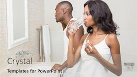  Presentation with shaving - Amazing slides having beautiful woman having glass of water with medicine and young man shaving in the bathroom backdrop and a soft green colored foreground