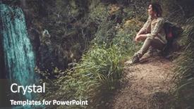  Presentation with waterfall woman - Slides with beautiful woman hiker sitting near waterfall in deep forest background and a dark gray colored foreground