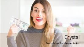 Presentation with beautiful young woman getting face - Presentation design consisting of beautiful woman holding 20 dollars background and a  colored foreground