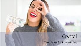  Presentation with bank - Colorful presentation design enhanced with beautiful woman holding 20 dollars backdrop and a light blue colored foreground