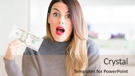  Presentation with fear - Presentation theme consisting of beautiful woman holding 20 dollars background and a coral colored foreground