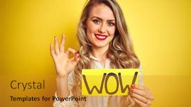  Presentation with wow - Audience pleasing theme consisting of beautiful woman holding amazed wow surprise banner over isolated yellow background doing ok sign with fingers excellent symbol backdrop and a gold colored foreground