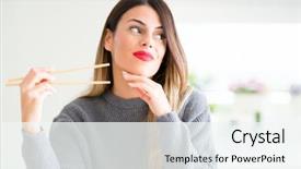  Presentation with asian chopsticks - Beautiful slide deck featuring beautiful woman holding asian chopsticks backdrop and a sky blue colored foreground