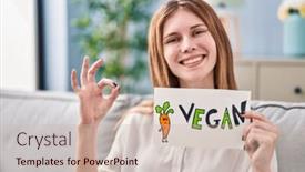  Presentation with vegan - Slide deck consisting of beautiful-woman-holding-banner background and a soft green colored foreground
