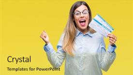  Presentation with emotion - Cool new PPT layouts with beautiful woman holding boarding pass backdrop and a yellow colored foreground