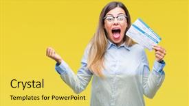  Presentation with woman hands raised to sky - Amazing slide set having beautiful woman holding boarding pass backdrop and a yellow colored foreground