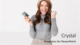  Presentation with win - Slide deck enhanced with beautiful woman holding credit card background and a  colored foreground