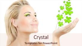  Presentation with four leaf clover - Colorful slide set enhanced with beautiful woman holding fresh clover backdrop and a lemonade colored foreground
