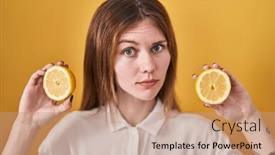  Presentation with lemons - PPT theme featuring beautiful-woman-holding-lemons-skeptic background and a coral colored foreground