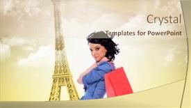  Presentation with eiffel tower - Amazing slide set having beautiful woman holding many shopping bags with the eiffel tower on background backdrop and a lemonade colored foreground