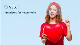  Presentation with love heart - Beautiful PPT theme featuring beautiful woman holding red heart backdrop and a  colored foreground