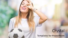 Presentation with eye ball dilated gif - PPT layouts having beautiful woman holding soccer ball background and a  colored foreground